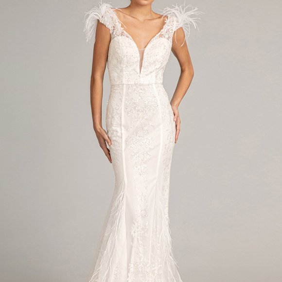 WHITE Feather Embellished Sleeveless Glitter Mesh Prom Dress Sheer Back GL1983 - Picture 8 of 8